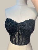 Sexy black pearls crystals beaded sheer tulle corset bustier top