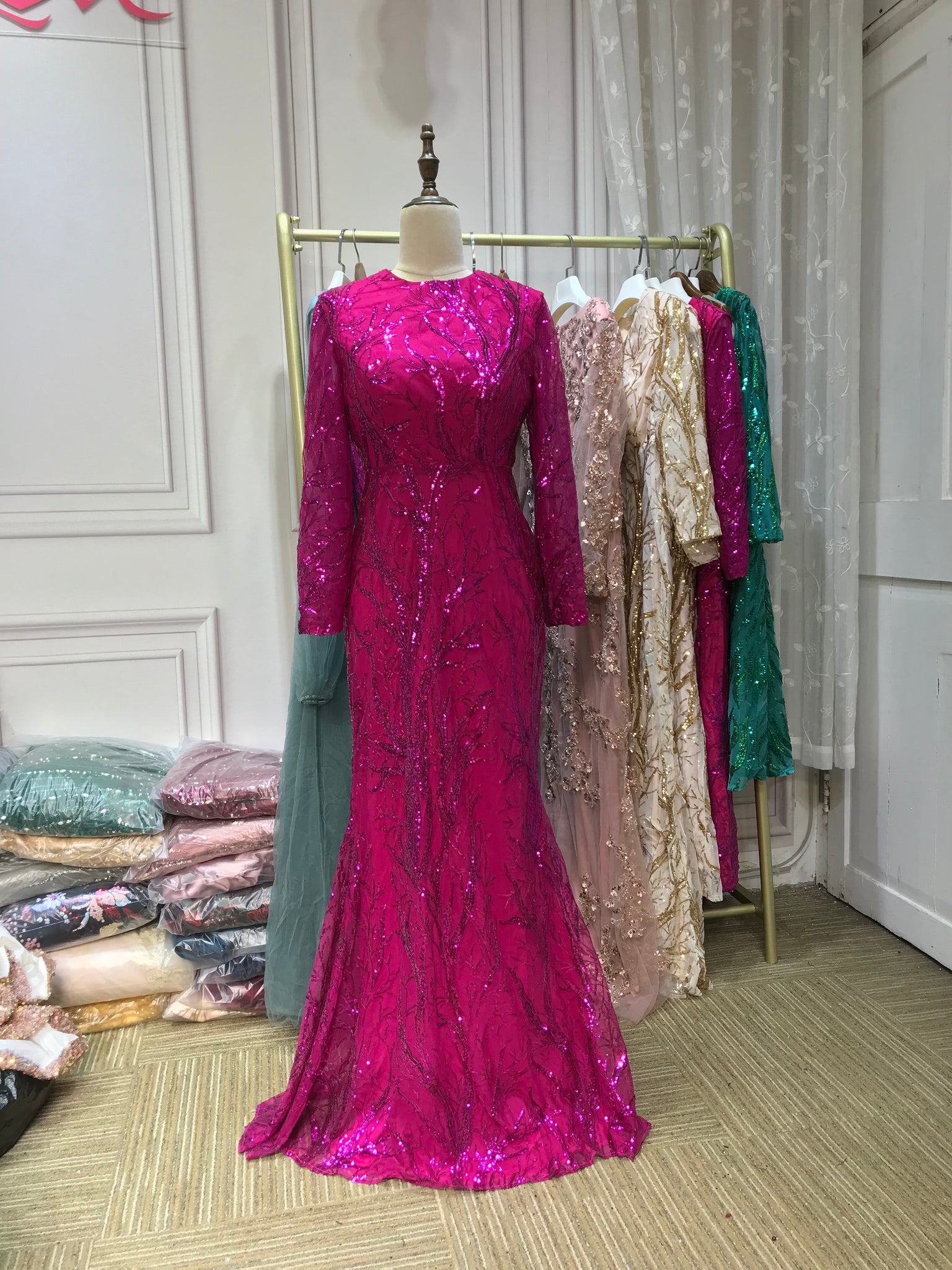 Flare Sleeve Hot Pink Fit And Flare Dress Hot Pink Sequins Round Neck Long Sleeves Full Length Mermaid Fit Flare Sleeve Hot Pink Fit And Flare Dress Hot Pink Sequins Round Neck Long Sleeves Full Length Mermaid Fit