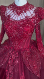 Luxury handmade crystals rhinestones pearls beaded long sleeve dark red lace appliqués vintage style wedding ball gown prom quinceanera dresses 2024