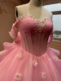 Off shoulder corset top fairytale baby pink glitter with floral lace appliqués tulle ball gown puffy wedding prom dress 2024