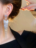 Sliver crystals metal alloy drop tassels long earrings