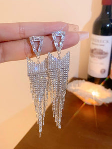 Sliver crystals metal alloy drop tassels long earrings