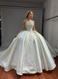 Chic style corset bodice matte satin strapless ball gown wedding dress mikado bridal gown 2026 sweeping train