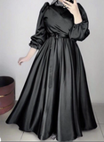 Matte satin tea length burgundy emerald green beige black navy long sleeves a line tulle prom maxi dress muslim fashion 2024