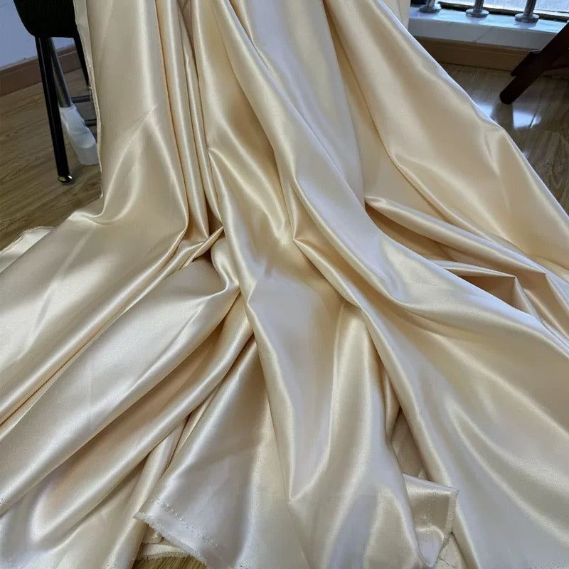 slim fit dress slacks Champagne beige blush matte satin long sleeves a line prom maxi dress –  Anna's Couture Dresses