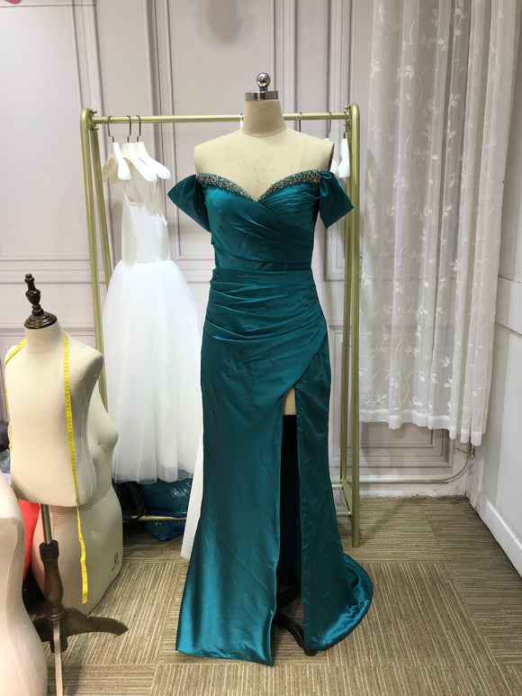 Chic and sexy off shoulder slit skirt peacock blue silk with some beads prom dresses