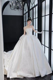 Off shoulder mikado matte satin alencon lace embellishments ivory white ball gown couture wedding dress 2024