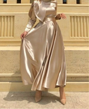 Champagne beige blush matte satin long sleeves a line prom maxi dress graduation dress muslim fashion 2024