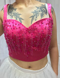 Pearls crystals rhinestones beaded hot pink crop bustier top