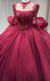 Luxury handmade crystals rhinestones pearls beaded long sleeve dark red wedding ball gown prom quinceanera dresses 2024