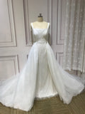 Spaghetti crystals pearls heavy fully beaded mermaid with detachable over skirt two pieces wedding dress 2023