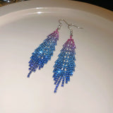 Ice blue gradient crystals metal alloy drop tassels long earrings in sets