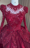 Luxury handmade crystals rhinestones pearls beaded long sleeve dark red lace appliqués vintage style wedding ball gown prom quinceanera dresses 2024