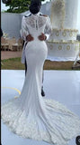 Custom made high collar long sleeves mermaid wedding dress fully beaded with pearls and crystals 2026