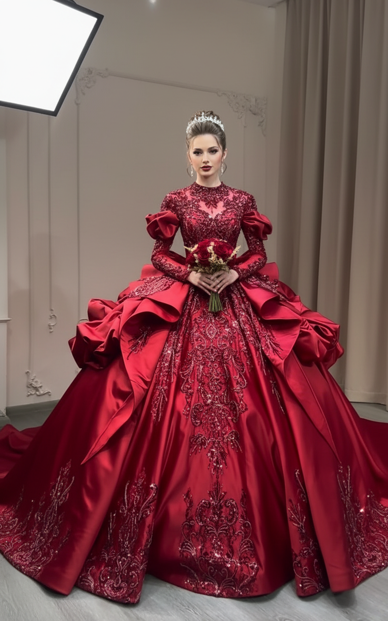 Gorgeous long sleeve dark red lace appliqués rhinestones crystals sequ –  Anna's Couture Dresses