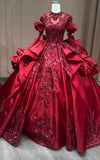 Gorgeous long sleeve dark red lace appliqués rhinestones crystals sequins beaded wedding ball gown prom quinceanera dresses 2024