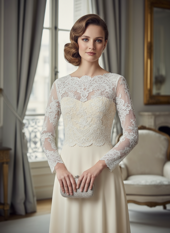 Customized vintage cored lace appliqués bodice bolero jacket long sleeves for bride