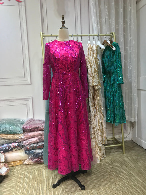 Hot pink sequins round neck long sleeves tea length formal prom dresses for muslim 2024(in stock,US 6-10 size)