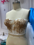 Gold lace appliqués crystals rhinestones beaded corset bustier top