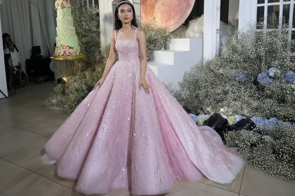 Elegant light pink puffy skirt princess prom dress ,baby pink pearls b –  Anna's Couture Dresses
