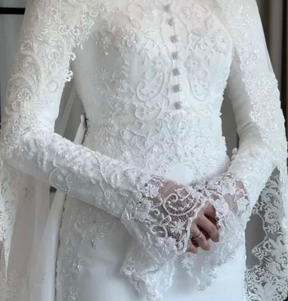 High couture custom-designed appliqués bodice jacket with crystals pearls beaded long bell sleeves for bride