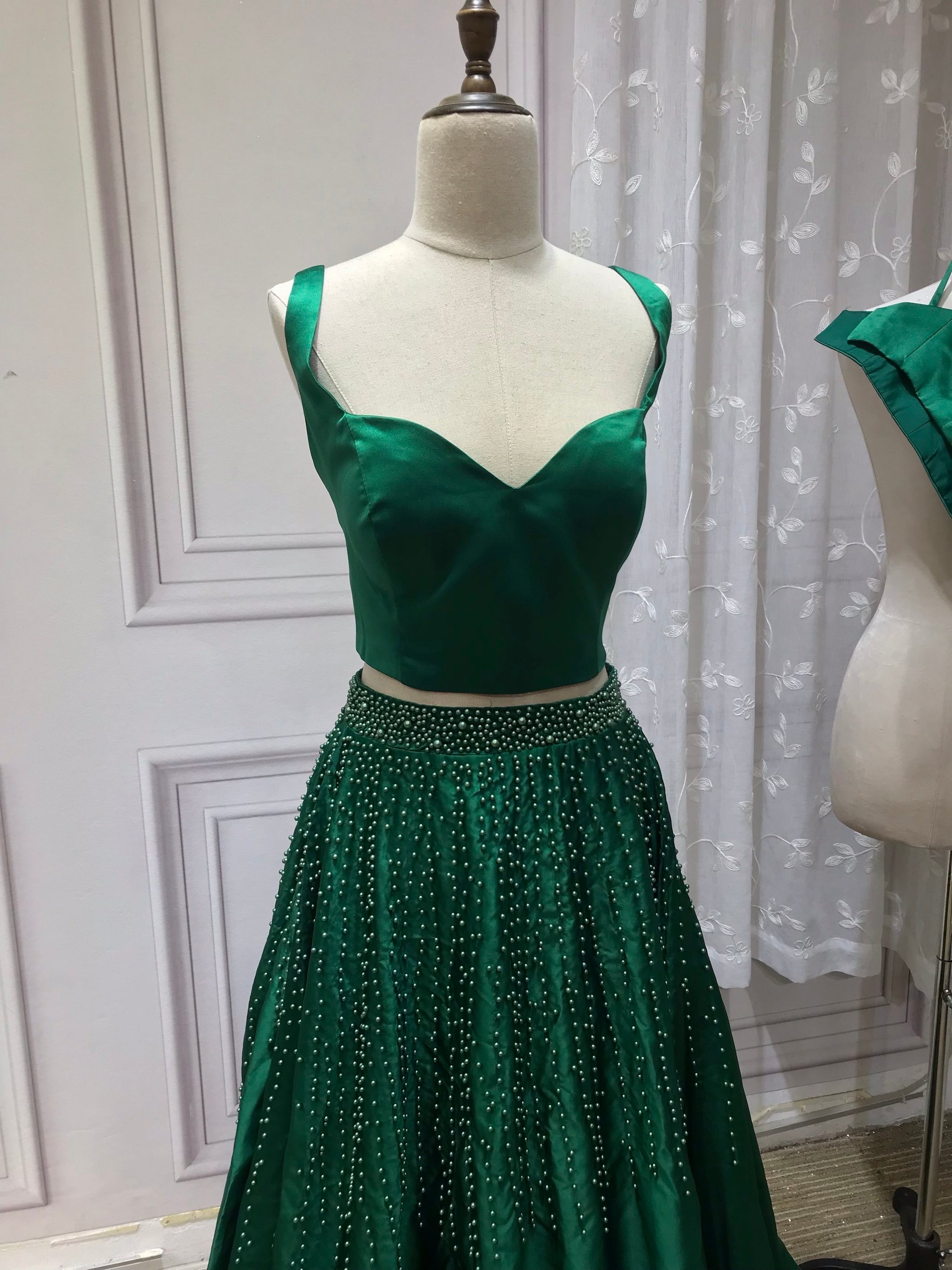 Vintage pearls beaded top and skirt separated two pieces emerald green Anna's Couture Dresses Vintage pearls beaded top and skirt separated two pieces emerald green Anna's Couture Dresses