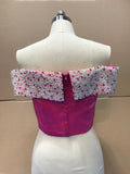 Off shoulder pearls crystals rhinestones beaded hot pink crop top