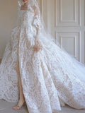 Chic style corset bodice slit lace ball gown wedding dress,off white bridal gown 2026 sweeping train