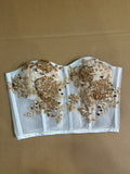 Gold lace appliqués crystals rhinestones beaded corset bustier top