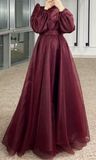 Shiny sparkling tea length burgundy emerald green beige black navy long sleeves a line tulle prom maxi dress muslim fashion 2024