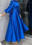 Matte satin tea length burgundy emerald green beige black navy long sleeves a line tulle prom maxi dress muslim fashion 2024