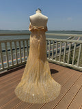 Chic and trendy off shoulder mermaid wedding dress,crystals rhinestones pearls beaded,champagne gold color,custom made