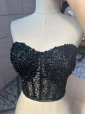 Sexy black pearls crystals beaded sheer tulle corset bustier top