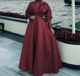 Matte satin tea length burgundy emerald green beige black navy long sleeves a line tulle prom maxi dress muslim fashion 2024