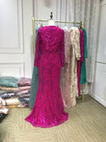 Hot pink sequins round neck long sleeves full length mermaid fit and flare formal prom dresses for muslim 2024,mother of the bride dress(in stock,US 8 -10 size)