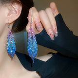 Ice blue gradient crystals metal alloy drop tassels long earrings in sets