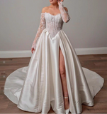 Anna customized off shoulder sheer corset top with lace and slit  ball gown skirt wedding dresses 2025