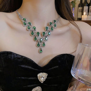 Glass beads crystals necklace and earrings in emerald green
