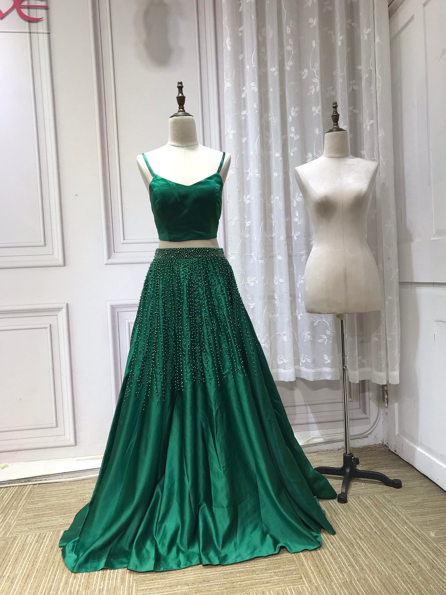 Vintage pearls beaded top and skirt separated two pieces emerald green Anna's Couture Dresses Vintage pearls beaded top and skirt separated two pieces emerald green Anna's Couture Dresses