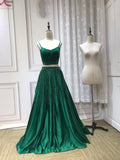 Emerald green two pieces pearls prom dress