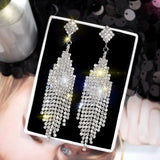 Crystals Metal alloy drop tassels long earrings in gold silver color