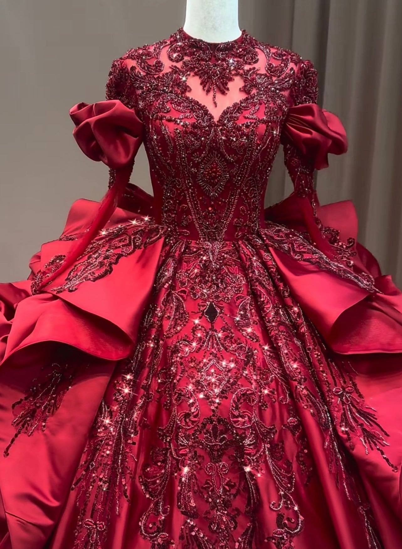 Gorgeous long sleeve dark red lace appliques rhinestones crystals sequ Anna s Couture Dresses