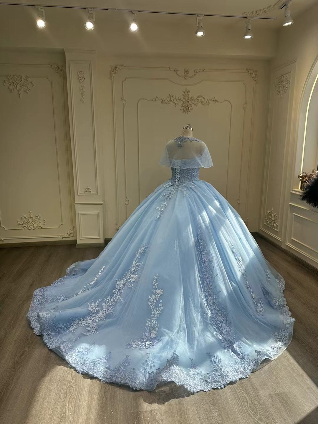 Fairytale sky blue lace appliqués crystals rhinestones beaded princess – Anna's Couture Dresses