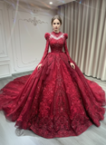 Luxury handmade crystals rhinestones pearls beaded long sleeve dark red lace appliqués vintage style wedding ball gown prom quinceanera dresses 2024