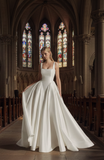Chic custom made corset bodice ivory satin wedding dress mikado bridal gown 2025 sweeping train