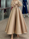 Matte satin tea length burgundy emerald green beige black navy long sleeves a line tulle prom maxi dress muslim fashion 2024