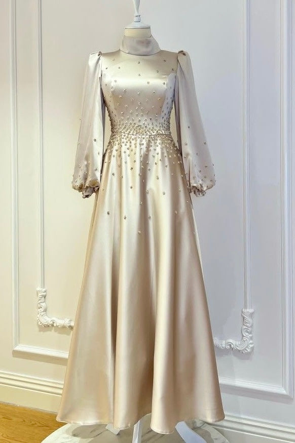 Champagne beige matte satin long sleeves a line prom maxi dress gradua – Anna's Couture Dresses