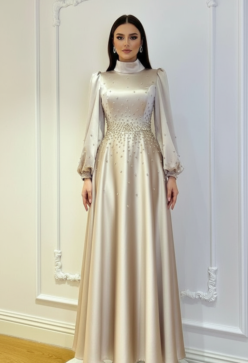 slim fit dress slacks Champagne Gold Prom Dress with Sleeves, Pageant Dress, Evening Dress, Dance  Dresses, Graduation School Party Gown main image 0