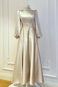 Champagne beige matte satin long sleeves a line prom maxi dress gradua Anna's Couture Dresses Champagne beige matte satin long sleeves a line prom maxi dress gradua Anna's Couture Dresses