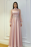Champagne beige matte satin long sleeves a line prom maxi dress graduation dress muslim fashion 2026